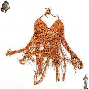 Orange crochet fringe halter festival top